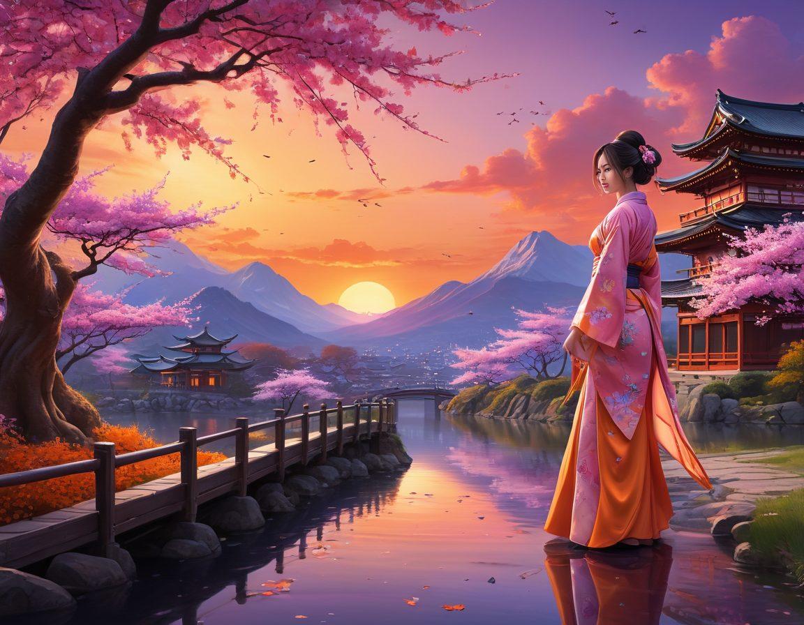 A vibrant, artistic representation of an alluring anime-style landscape featuring premium pornstars in dynamic poses, adorned in intricate, colorful outfits. The background showcases a whimsical Japanese-inspired setting with cherry blossom trees and a sunset sky, blending fantasy elements with adult themes. Emphasize a high-quality finish that captures the essence of adult entertainment while maintaining tasteful artistry. super-realistic. vibrant colors. fantasy art.